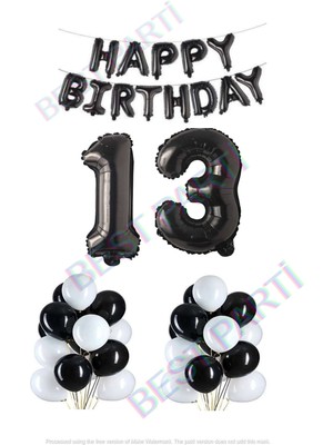 Best Parti Happy Bırthday Siyah Renk Folyo Balon Latex Balon  ve Folyo Rakam Seti Yaş 13