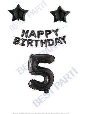 Best Parti Happy Bırthday Siyah Renk Folyo Balon Yıldız Folyo ve Rakam Seti Yaş 5