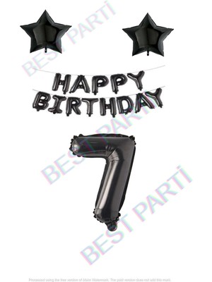 Best Parti Happy Bırthday Siyah Renk Folyo Balon Yıldız Folyo ve Rakam Seti Yaş 7