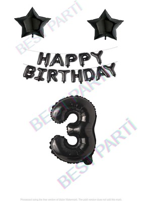 Best Parti Happy Bırthday Siyah Renk Folyo Balon Yıldız Folyo ve Rakam Seti Yaş 3