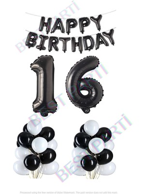 Best Parti Happy Bırthday Siyah Renk Folyo Balon Latex Balon  ve Folyo Rakam Seti Yaş 16