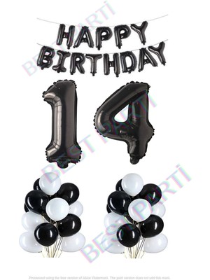 Best Parti Happy Bırthday Siyah Renk Folyo Balon Latex Balon  ve Folyo Rakam Seti Yaş 14