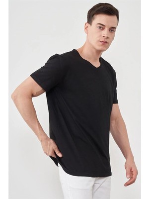 Mentality Çetinkaya Mentality 2772BÜYÜK Beden -S V Yaka Açık Basic T-Shirt Siyah %100 Pamuk