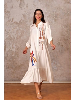 Keyifli Moda Kadın Beyaz Önü Nakışlı Eteği Fırfırlı Nakışlı Oversize Gömlek Elbise