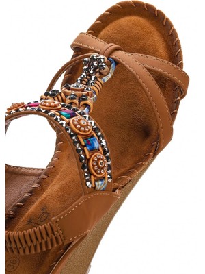 Guja 23Y151-12 Camel Kadın Taşlı Dolgu Ökçeli Lastikli Sandalet