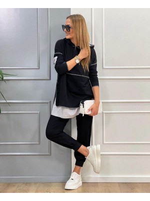 Rengamoda Kadın Kapüşonlu Etek Ucu Detay Iki Iplik Kumaş Ikili Takım (Renk Seçenekli)