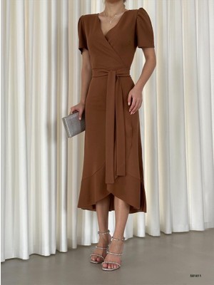 Rengamoda Krep Kumaş Midi Boy Kuşaklı Elbise (Renkli)