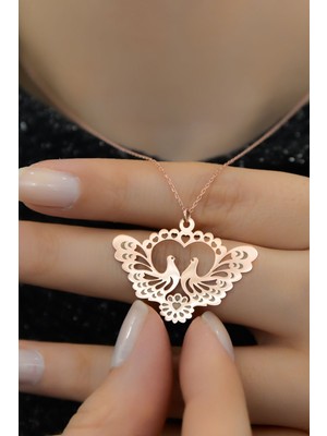 Papatya Silver 925 Ayar Gümüş Rose Kaplama Desenli Çifte Kumrular Kadın Kolye