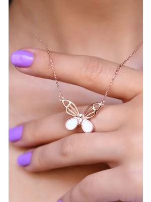 Papatya Silver 925 Ayar Gümüş Rose Kaplama Opal Taşlı Kelebek Kolye