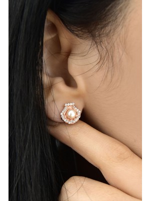 Papatya Silver 925 Ayar Gümüş Rose Altın Kaplama Taşlı Çivili Inci Küpe