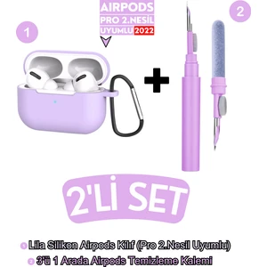2'li Set Airpods Pro 2. Nesil Uyumlu Lila Kılıf ve Lila 3'ü 1 Arada Kulaklık Temizleme Kalemi