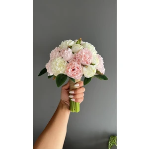 Pudra Pembe-Beyaz Şakayık Gelin Buketi- Premium Ipek Gelin Çiçeği-Damat Yaka Çiçeği 2 Li Set