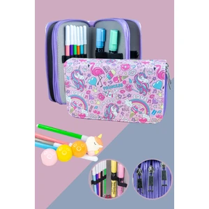 Kalem Kutusu Prenses Unicorn Orginazer  Vegan Deri Üç Bölmeli (Kalemlik Lila)