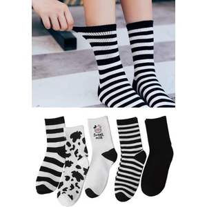 Unisex 5 Adet  Inek Desenli ve Çizgili Tenis Çorap