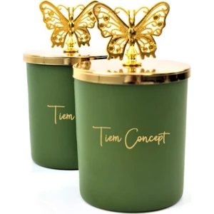Tiem Concept Dekoratif Gold Kelebek Tepelikli Yeşil Çay Kokulu 2li Yeşil Bardak Mum Seti
