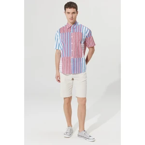 Altınyıldız Classics Erkek Beyaz Renklı Oversize Bol Kesim Gizli Düğme Yaka %100 Pamuk Baskılı Kısa Kollu Gömlek