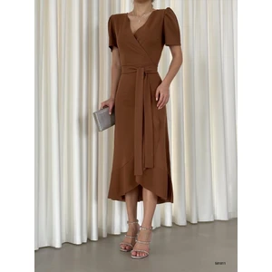 Moda Lavinia Krep Kumaş Midi Boy Kuşaklı Elbise (Renkli)