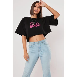 The Wert Kadın Barbie Baskılı Oversize Siyah Crop Tshirt