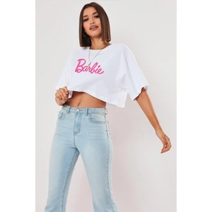 The Wert Kadın Barbie Baskılı Oversize Beyaz Crop Tshirt