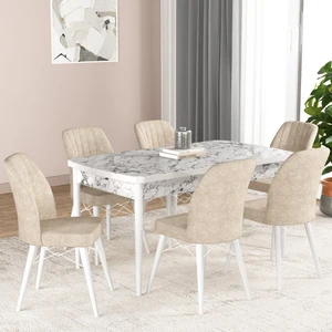 Gadahome Hestia Serisi Açılabilir Mdf Mutfak Salon Masa Takımı 6 Sandalyeli (Beyaz Mermer)
