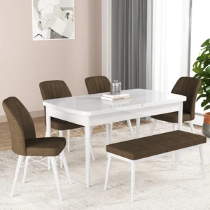 Gadahome Bia Serisi Açılabilir Mdf Mutfak Salon Masa Takımı 4 Sandalye+1 Bench (Beyaz)
