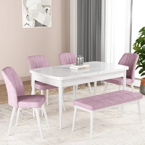 Gadahome Bia Serisi Açılabilir Mdf Mutfak Salon Masa Takımı 4 Sandalye+1 Bench (Beyaz)