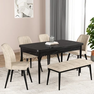 Gadahome Bia Serisi Açılabilir Mdf Mutfak Salon Masa Takımı 4 Sandalye+1 Bench (Siyah Mermer)