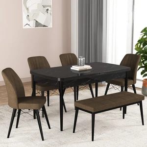 Gadahome Bia Serisi Açılabilir Mdf Mutfak Salon Masa Takımı 4 Sandalye+1 Bench (Siyah Mermer)