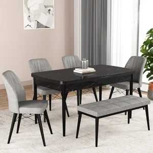 Gadahome Bia Serisi Açılabilir Mdf Mutfak Salon Masa Takımı 4 Sandalye+1 Bench (Siyah Mermer)