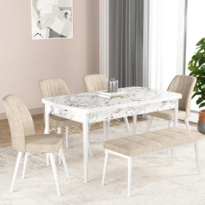 Gadahome Bia Serisi Açılabilir Mdf Mutfak Salon Masa Takımı 4 Sandalye+1 Bench (Beyaz Mermer)
