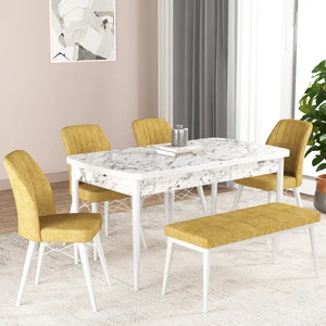 Gadahome Bia Serisi Açılabilir Mdf Mutfak Salon Masa Takımı 4 Sandalye+1 Bench (Beyaz Mermer)