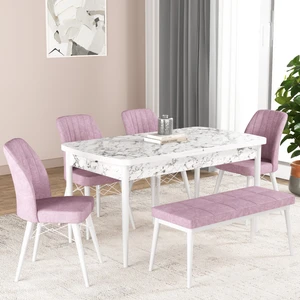 Gadahome Bia Serisi Açılabilir Mdf Mutfak Salon Masa Takımı 4 Sandalye+1 Bench (Beyaz Mermer)