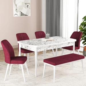 Gadahome Bia Serisi Açılabilir Mdf Mutfak Salon Masa Takımı 4 Sandalye+1 Bench (Beyaz Mermer)