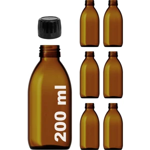 200 cc Amber Ecza Şişesi 200 ml Kilitli Siyah Kapaklı Kahverengi Yuvarlak Cam Şişe 6 Adet