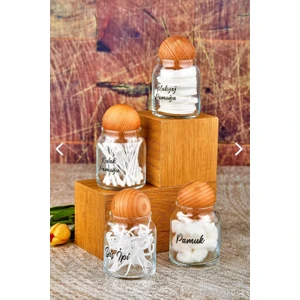 Fbz Home 4'lü Top Kapaklı 300 ml Cam Kulak Pamuğu & Makyaj Pamuğu & Diş Ipi & Pamukluk