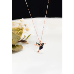 Papatya Silver 925 Ayar Gümüş Rose Kaplama Siyah Yeşil Taşlı Kuş Kolye