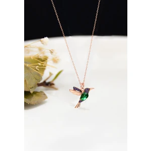 Papatya Silver 925 Ayar Gümüş Rose Kaplama Yeşil Mor Taşlı Kuş Kolye