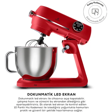 Karaca Multichef Artisan Digital Ekran 7 Litre Döküm Stand Mikser Kırmızı