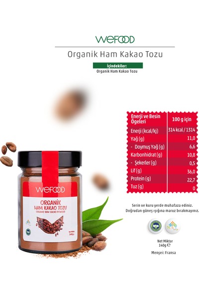 Wefood Organik Ham Kakao Tozu 140 gr 8681749104291