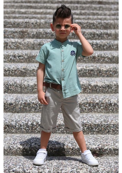 Keten Gömlek Dokuma Pantolon Kemerli Erkek Çocuk Takım MNK4306