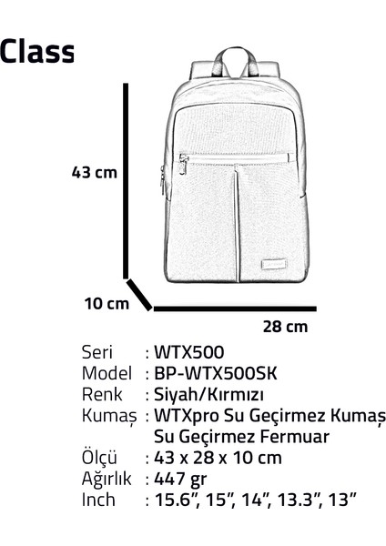 BP-WTX500SK 15,6" Su Geçirmez Kumaş ve Fermuar ,notebook, Laptop Çantası-Siyah Kırmızı