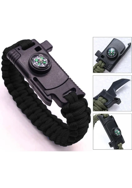 9595 Pusulalı & Bıçaklı Paracord Bileklik Siyah