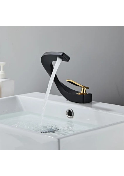 Mat Modern Siyah Gold Güverte Monteli Banyo Lavabo Musluğu Özel Tasarım Musluk Soğuk ve Sıcak