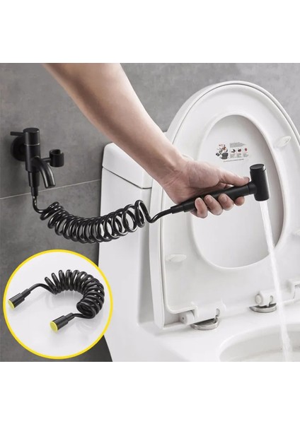 Basınçlı Püskürtücü Taharet Musluğu Klozet Hortumu Duş Küvet Yaylı Esnek Bükülmez Tuvalet Duşu Siyah