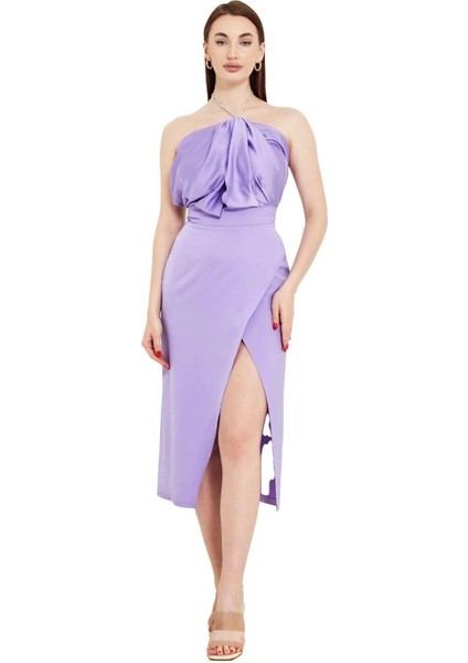 Boyundan Zincir Bağlamalı Yırtmaçlı Midi Boy Elbise fiyatları