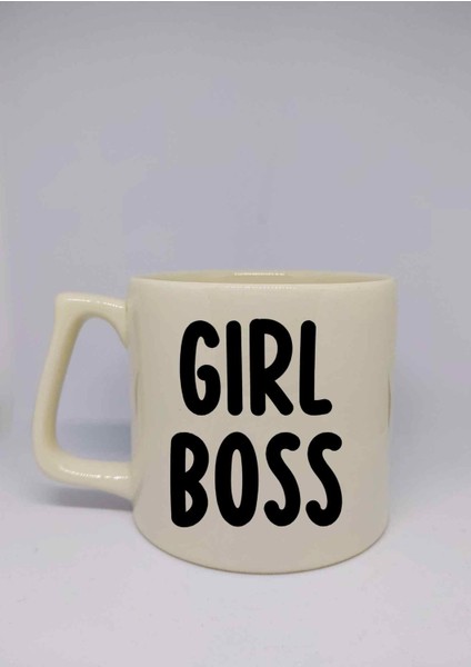 Krem Rengi Girl Boss Yazılı Özel Tasarım Baskılı Lüks Seramik Kupa Bardak Latte Bardağı