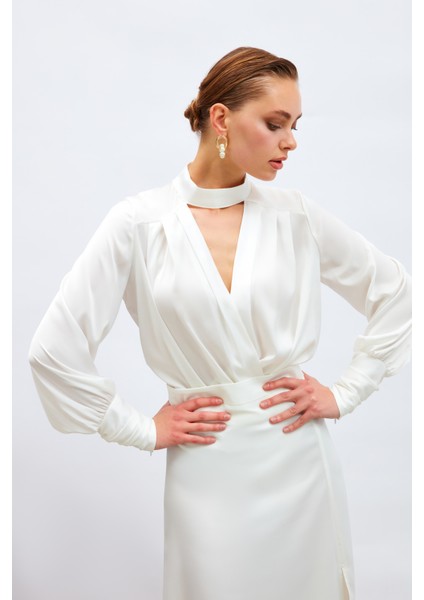 Drape Detaylı Bodysuit Bluz - Ekru