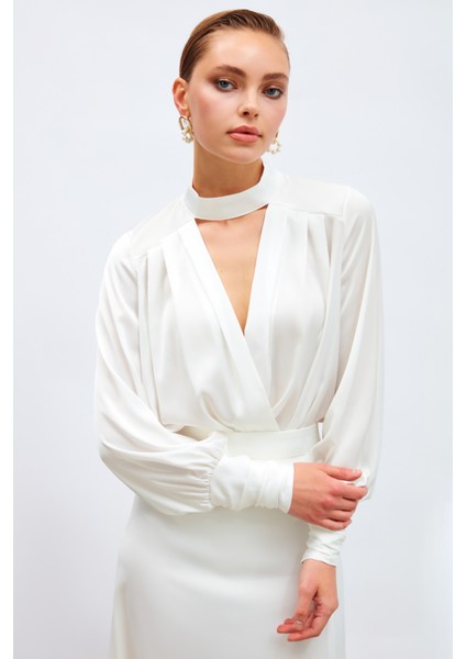 Drape Detaylı Bodysuit Bluz - Ekru