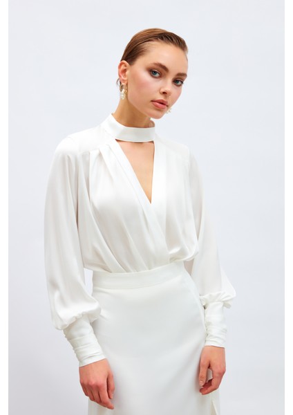 Drape Detaylı Bodysuit Bluz - Ekru