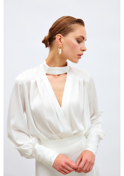 Drape Detaylı Bodysuit Bluz - Ekru